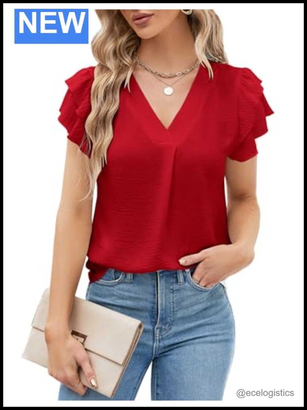 Dressy Casual Work Blouse - V Neck Flutter Short Sleeve with Stretch Fabric